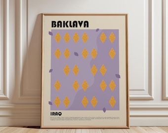 May include: A framed wall art print featuring the word BAKLAVA in bold black letters at the top and IRAQ at the bottom. The center displays a light purple rectangle with a pattern of orange diamond shapes and small purple leaf icons.