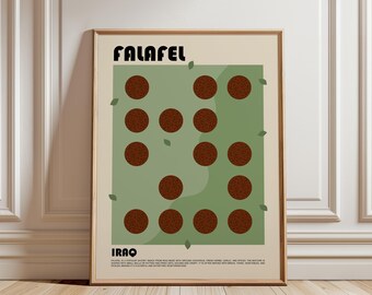 May include: A framed poster featuring the word FALAFEL at the top and IRAQ at the bottom. The center displays a green rectangle with twelve brown textured circles arranged in a grid, accented by small green leaves. Descriptive text is included.
