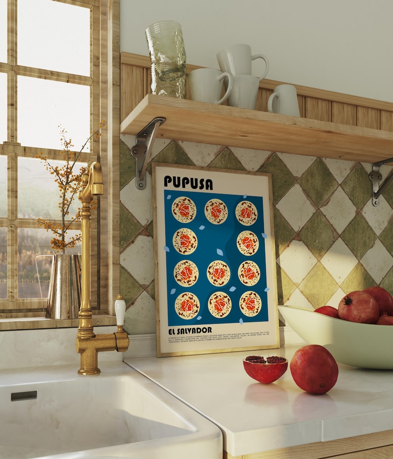 Poster di arte culinaria Pupusa, arte culinaria salvadoregna, arredamento centroamericano, arte murale Pupuseria, stampa di cucina latinoamericana, arte murale da cucina immagine 2
