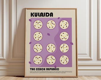 May include: A framed poster featuring the text KULAJDA and THE CZECH REPUBLIC. The design displays a grid of twelve circular illustrations of mushroom soup bowls on a purple background with scattered purple leaves on a cream base.
