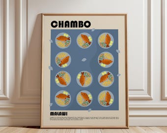 May include: A framed wall art print featuring the text CHAMBO and MALAWI with a grid of eleven illustrations of orange fish served with yellow fries and green lime slices on a blue background, set against a light beige border with descriptive text.