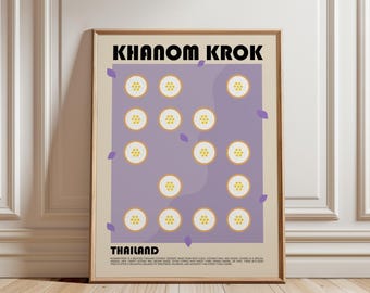 May include: A framed poster featuring the text KHANOM KROK and THAILAND in black, bold font. The design displays a light purple rectangular background with scattered small purple leaf shapes and twelve circular yellow and white food illustrations.