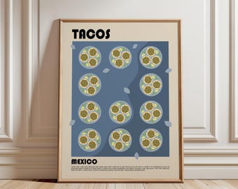 Op de afbeelding: Een ingelijste kunstdruk met een beige achtergrond met het woord TACOS bovenaan en MEXICO onderaan. Het midden toont een blauwe rechthoekige afbeelding met elf cirkelvormige illustraties van taco's met partjes limoen.
