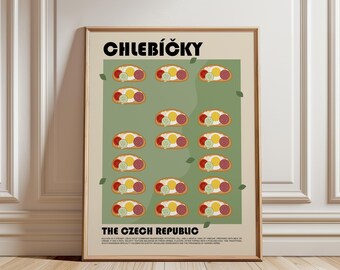 May include: A framed poster with a beige background and a green central rectangle. It features the text CHLEBÍČKY and THE CZECH REPUBLIC, with repeating illustrations of open-faced sandwiches topped with egg, cucumber, and salami slices.