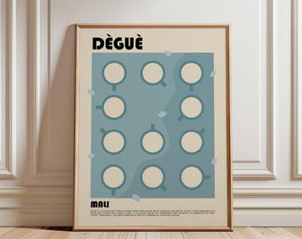 May include: A framed rectangular wall art print featuring the text DÈGUÈ and MALI. The design displays eleven circular bowls filled with a light beige substance arranged on a muted blue background, accented by small scattered leaf-like shapes.