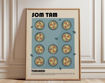 May include: A framed wall art print featuring the text SOM TAM and THAILAND in bold black letters. The design displays eleven circular illustrations of green papaya salad on a blue background, accented by small scattered leaves and descriptive text.