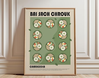 May include: A framed wall art print featuring the text BAI SACH CHROUK and CAMBODIA. The design displays a grid of eleven circular illustrations of a Cambodian breakfast dish with rice, sliced pork, and vegetables on a sage green background.