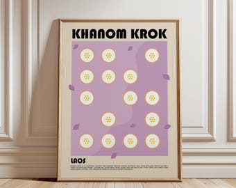 May include: A framed wall art print featuring the text KHANOM KROK and LAOS. The design displays a light purple rectangular background with scattered small purple leaf shapes and twelve circular yellow and white icons arranged in a grid.