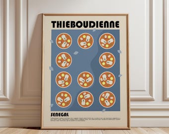 May include: A framed poster titled THIEBOUDIENNE SENEGAL featuring a blue rectangular background with eleven circular illustrations of rice and fish dishes. The text at the bottom provides a description of the Senegalese national dish.