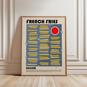 Konsttryck med pommes frites, snabbmatsaffisch, chipstryck, modern köksväggkonst, minimalistisk matkonst, vintage-affisch, skräpmatsaffisch