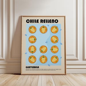Peut inclure: Une affiche encadrée intitulée CHILE RELLENO GUATEMALA présentant une grille de onze illustrations de poivrons farcis dans une sauce orange sur fond bleu clair. Le texte en bas décrit le plat comme un repas guatémaltèque traditionnel.