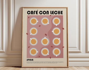 Café con Leche Art Print Spanish Coffee Poster Kitchen Decor Food and Drink Wall Art Museum Grade Print Foodie Gift, Latte Kitchen Decor