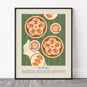 May include: A poster with a green and white chevron pattern background. The poster features a graphic illustration of pupusas, a traditional Salvadoran dish, with a cup of coffee. The text "Pupusa" is printed in bold letters at the bottom of the poster.