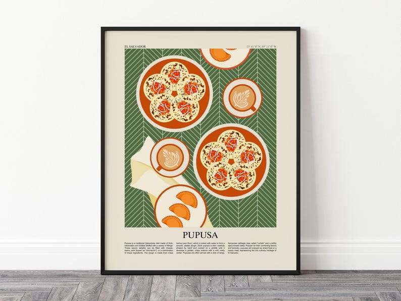 May include: A poster with a green and white chevron pattern background. The poster features a graphic illustration of pupusas, a traditional Salvadoran dish, with a cup of coffee. The text "Pupusa" is printed in bold letters at the bottom of the poster.