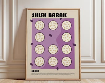 May include: A framed wall art print featuring the text SHISH BARAK and SYRIA. The design displays twelve circular illustrations of dumplings arranged in a grid on a purple background, accented by small dark purple leaf shapes.