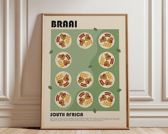 May include: A framed poster titled BRAAI SOUTH AFRICA featuring a green central panel with eleven circular illustrations of grilled meat, sausages, and vegetable skewers. The text at the bottom provides a description of the South African tradition.