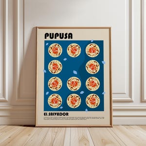 May include: A framed poster with a beige background featuring the text PUPUSA and EL SALVADOR in black. The center displays eleven circular illustrations of pupusas on a blue field, accompanied by small light blue leaf-like shapes.