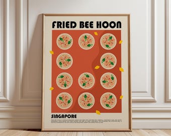 May include: A framed poster featuring the text "FRIED BEE HOON" and "SINGAPORE" with a grid of eleven illustrations of noodle bowls on a rust-colored background. Small yellow leaf-like shapes are scattered across the cream-colored border.