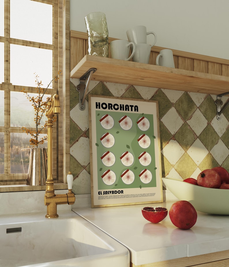May include: A rectangular wall poster in a light wood frame featuring the text HORCHATA and EL SALVADOR. The poster displays a grid of twelve circular illustrations of sliced horchata ingredients on a sage green background with small leaves.