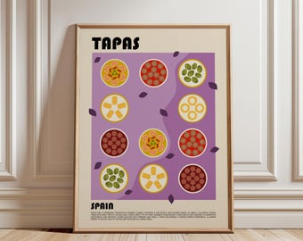 May include: A framed poster with the word "TAPAS" in black at the top. The poster features a purple background with illustrations of various tapas dishes in small bowls. The word "SPAIN" is at the bottom.