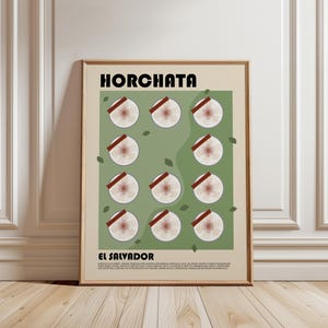May include: A framed wall art print featuring the text HORCHATA and EL SALVADOR. The design displays eleven circular illustrations of drinks topped with cinnamon sticks against a sage green background on a cream-colored paper backdrop.