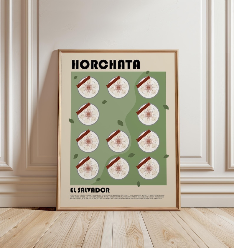 May include: A framed wall art print featuring the text HORCHATA and EL SALVADOR. The design displays eleven circular illustrations of drinks topped with cinnamon sticks against a sage green background on a cream-colored paper backdrop.