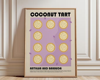 May include: A framed poster featuring the text COCONUT TART and ANTIGUA AND BARBUDA. The design displays eleven circular coconut tarts arranged on a light purple background, surrounded by a cream border with small purple leaf accents.