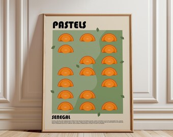 May include: A rectangular wall poster with a cream background and a central green rectangle. It features the text "PASTELS" at the top, "SENEGAL" at the bottom, and a grid of seventeen orange, semi-circular pastry illustrations.