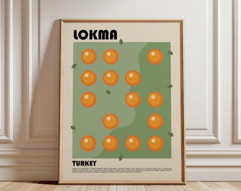 May include: A framed wall art print featuring the text LOKMA and TURKEY in black, bold font. The central graphic displays a light green rectangular background with fifteen orange circular shapes arranged in a grid, accented by small green leaves.