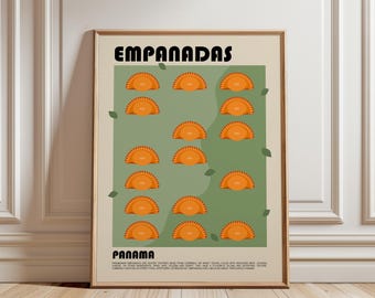 May include: A framed poster featuring the text EMPANADAS at the top and PANAMA at the bottom. The center displays a green rectangular field with fifteen orange, semi-circular empanada illustrations arranged in rows, accompanied by small green leaf accents.