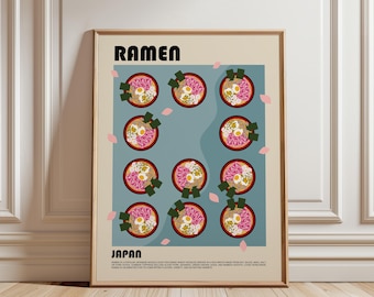 Peut inclure: Une affiche encadrée avec le mot RAMEN en haut et JAPAN en bas. Le centre présente neuf illustrations de bols de ramen sur un fond bleu avec des pétales roses. Le texte en bas décrit le ramen comme une soupe populaire.