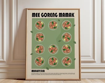 May include: A framed poster featuring the text MEE GORENG MAMAK and MALAYSIA. The design displays eleven circular illustrations of noodle dishes on a sage green background, with small green leaf accents scattered across the beige border.