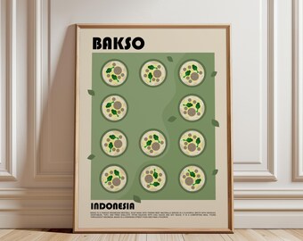 May include: A framed poster featuring the text BAKSO and INDONESIA with a grid of eleven illustrated bowls of meatball soup. The design uses a light beige background with a sage green central rectangle and small scattered green leaf icons.