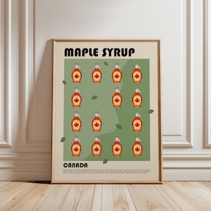Lámina de jarabe de arce, arte mural de desayuno canadiense, decoración rústica de cocina, ilustración de hoja de arce, regalo para amantes de la gastronomía.
