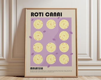 May include: A framed wall art print featuring the text ROTI CANAI and MALAYSIA. The design displays eleven circular illustrations of golden-brown flatbreads arranged on a light purple background, accented by small purple leaf-like shapes.
