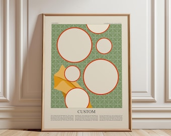 May include: A framed art print featuring a geometric design with cream-colored circles outlined in red, set against a green patterned background. The print includes the word "CUSTOM" and other text at the bottom. The frame is a light brown color.