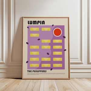 May include: A framed poster featuring the text LUMPIA and THE PHILIPPINES. The design includes a purple rectangle with yellow rectangular shapes, a red circle, and small dark purple leaf-like accents on a cream background.