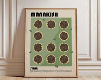 May include: A framed poster featuring the text MANAKISH and SYRIA, displaying eleven circular illustrations of flatbreads with dark toppings on a sage green background, accented by small green leaf shapes on a cream-colored field.