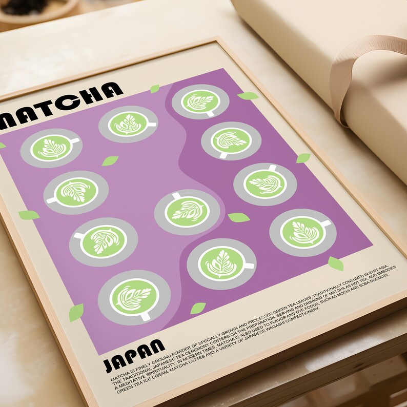 以下が含まれることがあります： 上部に黒い文字で「MATCHA」と書かれた、紫と緑のポスター。ポスターには、紫色の背景に葉のデザインが施された緑茶のカップの模様が描かれている。「日本」という文字がポスターの下部にあり、抹茶の説明が書かれている。