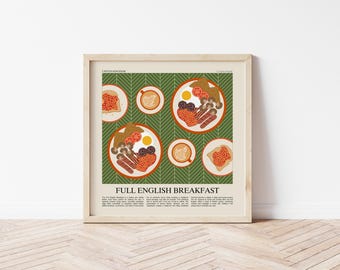 Englisches Frühstück Art Print, Quadratischer Lebensmitteldruck, Frühstückskunst, Wandkunst, Brunch-Dekor, British Food Poster, Cafe Art Poster