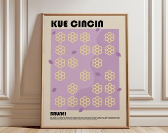 May include: A framed wall art print featuring the text KUE CINCIN and BRUNEI in black font. The design displays a light purple rectangular background with a pattern of yellow flower-shaped icons and small purple leaf shapes scattered throughout.
