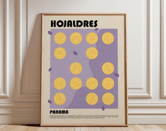 May include: A framed poster with a cream background featuring the text HOJALDRES at the top and PANAMA at the bottom. A central purple rectangle contains fifteen yellow circles with textured dots, surrounded by small purple leaf shapes.