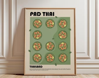 May include: A framed wall art print featuring the text PAD THAI and THAILAND with a central green rectangular block containing eleven circular illustrations of Pad Thai noodle dishes, accented by small scattered green leaf graphics.