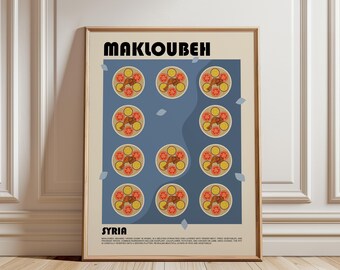 May include: A framed poster with a cream background featuring the text MAKLOUBEH at the top and SYRIA at the bottom. The center displays a blue rectangle with eleven circular illustrations of a rice dish with meat and vegetables.