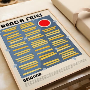 Peut inclure: Une illustration de frites en bleu et jaune avec le texte "French Fries" et "Belgium" sur un fond blanc. L'illustration est une repr&eacute;sentation stylis&eacute;e de frites.