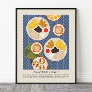 May include: Framed print depicting a Guatemalan breakfast, "Desayuno Chapín." The illustration shows plates of food, coffee cups with latte art, and a blue patterned background. The print includes text at the bottom. The artwork is in a black frame.