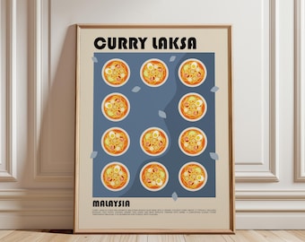 May include: A framed poster featuring the text CURRY LAKSA and MALAYSIA with a grid of eleven illustrations of bowls of curry laksa soup on a blue background. The poster includes a descriptive paragraph about the dish in small black text.