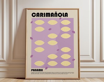 May include: A framed poster featuring the text CARIMAÑOLA and PANAMA in black, with a central purple rectangle containing rows of yellow, oval-shaped food illustrations and small purple leaf-like shapes, plus descriptive text at the bottom.