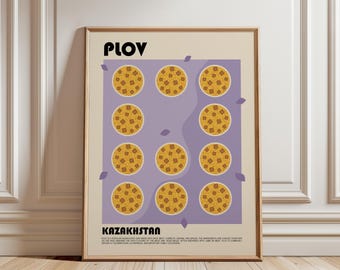 May include: A framed poster featuring the text PLOV and KAZAKHSTAN in black, bold font. The central design displays eleven circular illustrations of rice dishes arranged on a light purple background, accented by small scattered purple leaf shapes.