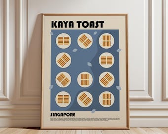 May include: A framed wall art print featuring the text KAYA TOAST and SINGAPORE. The design displays a grid of eleven circular illustrations of toasted bread slices on a blue background, accented by small light blue leaf shapes on a cream base.